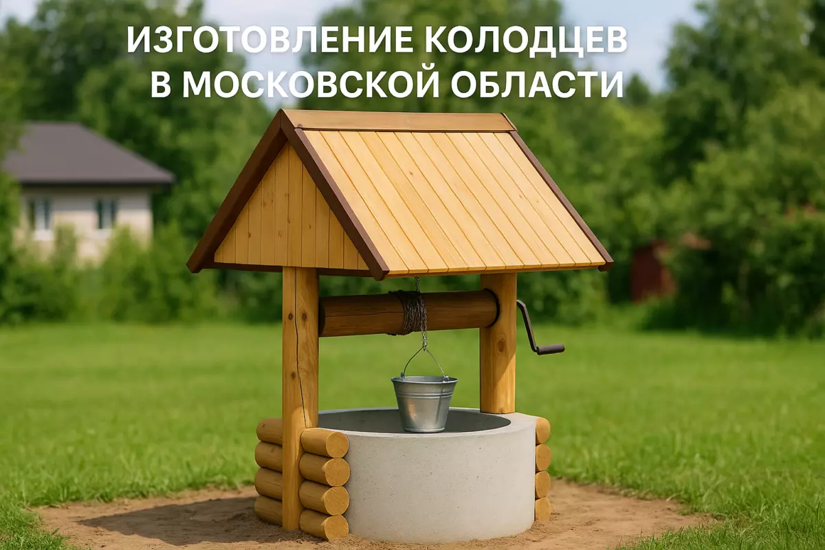 Готовый чистый колодец с бетонными кольцами и деревянной крышкой после обслуживания на дачном участке
