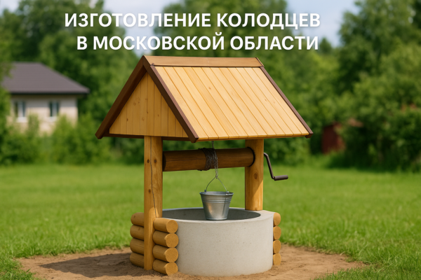 Готовый аккуратный колодец с деревянным срубом или бетонными кольцами на фоне зелёного загородного участка, ведро на цепи