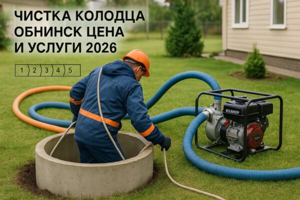 Рабочий в спецодежде спускается в колодец для чистки, рядом откачивающее оборудование и шланги на загородном участке