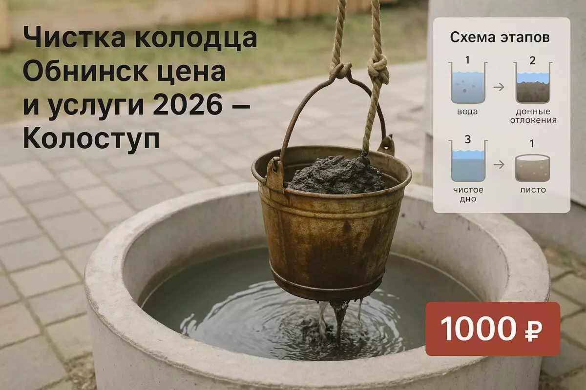 Мастер поднимает ведром ил и грязь со дна колодца, вода становится чище на глазах